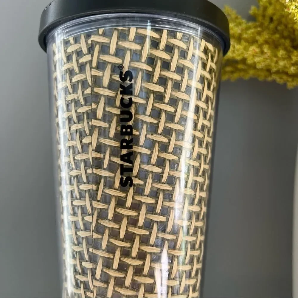 Starbucks Tumbler Cup Venti Cold Drink Burlap Woven Basket Weave Acrylic Cup NWT